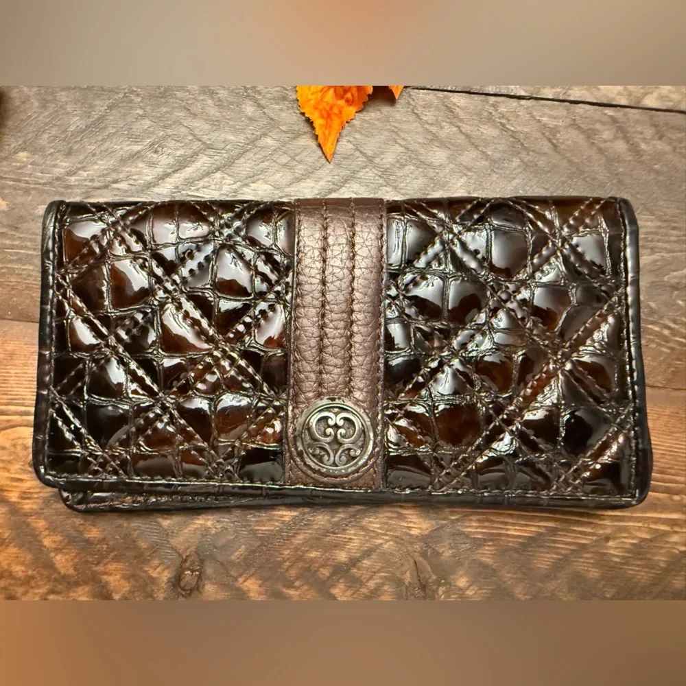 Brighton Brown Woven Leather Wallet Fold Over Organizer Credit Card Clutch nice!